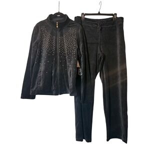 Onque Casual NWT Women's Velour Tracksuit Set-Black Studded-Large
